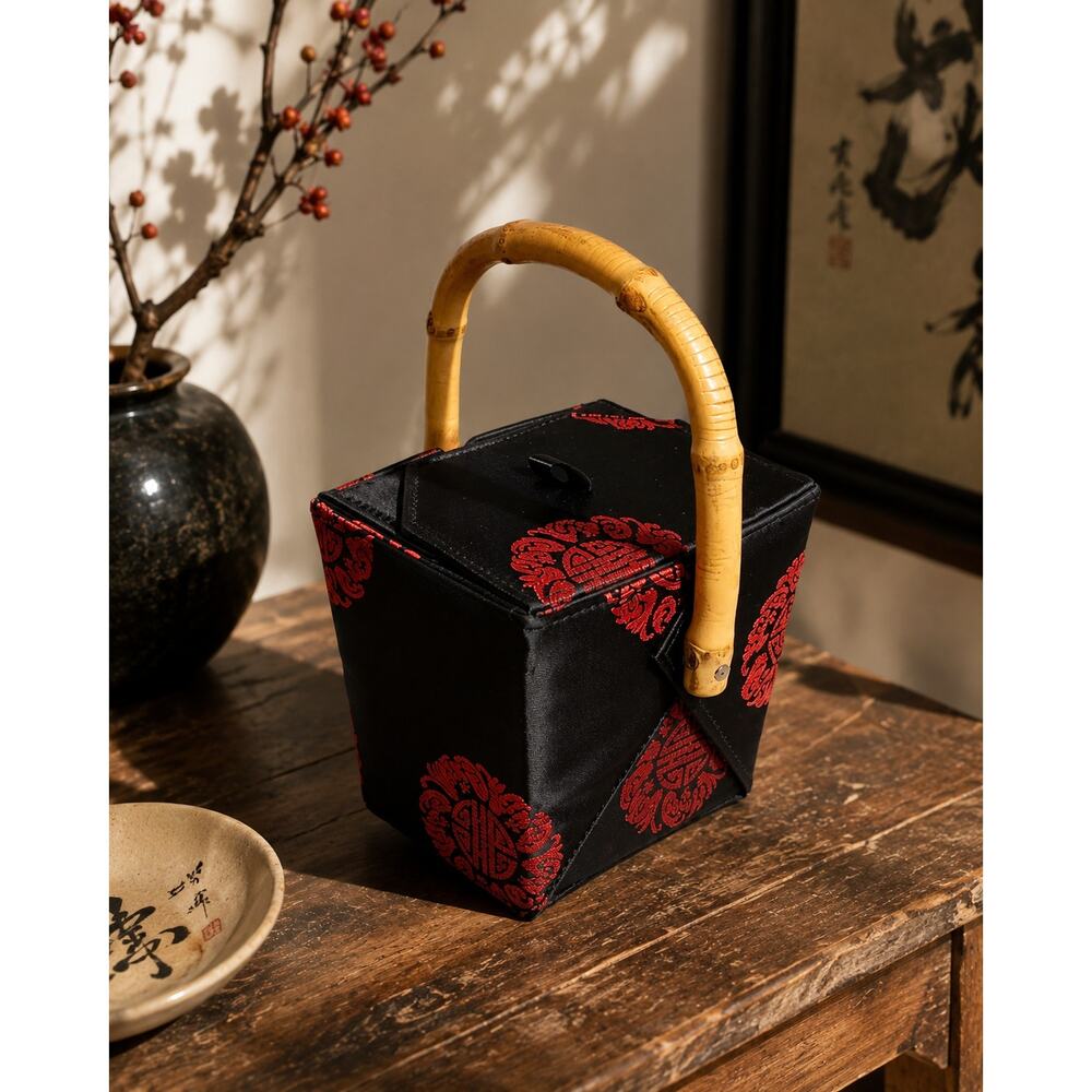 Vintage Tozai Chinese Takeout Box Purse Black Red Satin Bamboo Handle Y2K